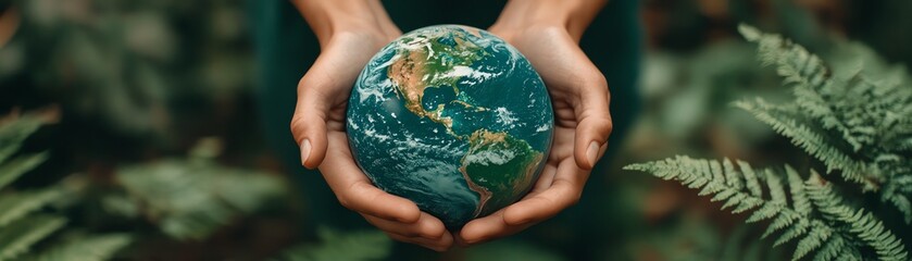 Human hands cradling a green Earth surrounded by rich nature