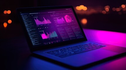 Laptop displaying data analytics graphs and charts in a dark setting with colorful lighting.