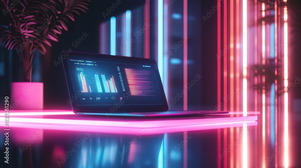 Aufkleber laptop displaying data analytics graphs in a futuristic neon-lit room.