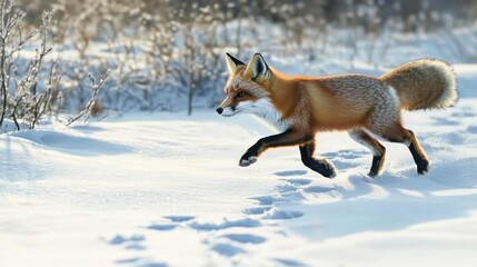 Obraz premium A red fox gracefully traverses a snowy landscape, leaving paw prints behind.