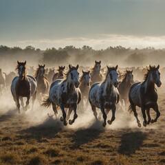 A herd of wild horses galloping across a sunlit field, with white mist in the background.