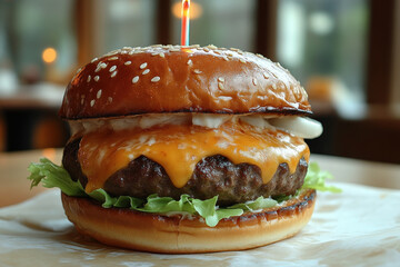 Cheeseburger with a birthday candle on a table.