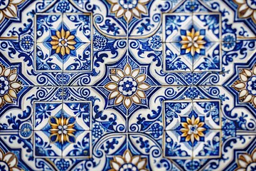 Abstract Geometric Design Featuring Portuguese Azulejos Pattern in Navy Blue with Intricate Tile Arrangement and Tilt-Shift Photography Effect for Artistic Home Decor