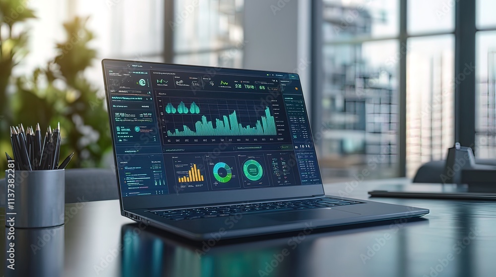 Poster laptop displaying financial data charts and graphs on a desk in a modern office.