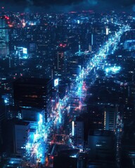 Obraz premium A vibrant cityscape illuminated by neon lights at night.