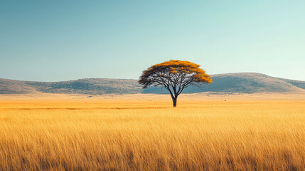 Isolated tree stands tall in golden grassland under blue sky during midday