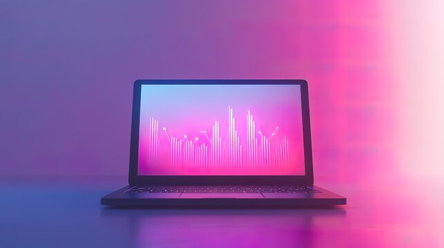Laptop displaying vibrant city skyline graph in neon pink and blue light.