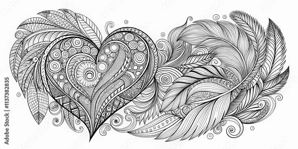 Poster abstract heart-shaped feathers coloring page design with copy space for creative use in arts and cra