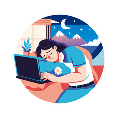 Exhausted person sleeping while working, flat illustration 
