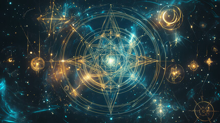 Obraz premium Magic circle sacred geometry dream catchers and mysterious symbols alchemical and spiritual symbols, stars, moon and sun. Runic. Illustration