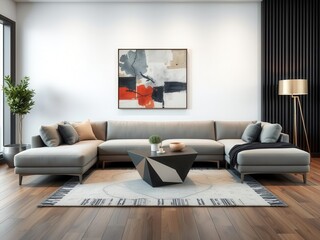 A modern living room with a sleek sectional sofa, geometric coffee table, and abstract wall art, rug, home decor