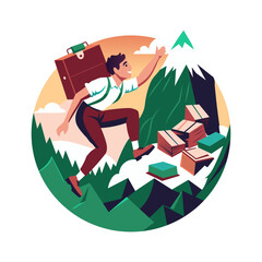 Ambitious person climbing on a mountain, flat illustration 
