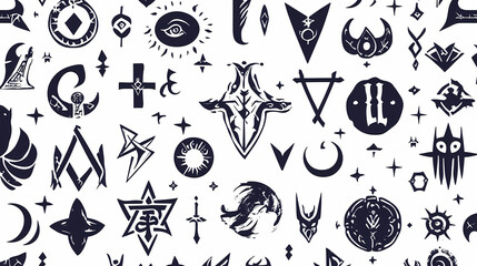Magic symbols seamless pattern, black white signs - archaic gothic folk art. ethnic background. magic and magical art. pagan signs. Runic. Illustration