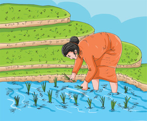 Cute cartoon vector farmer planting rice illustration.