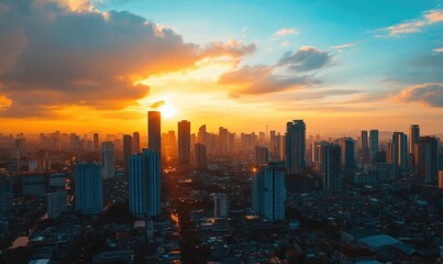 Fototapeta premium A vibrant sunset over a city skyline, showcasing urban life and architecture.