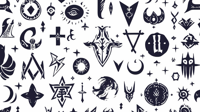 Magic symbols seamless pattern, black white signs - archaic gothic folk art. ethnic background. magic and magical art. pagan signs. Runic. Illustration