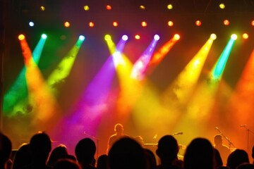 Colorful stage lights illuminate a crowd at a live music event.