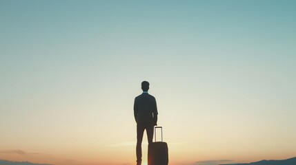 A silhouetted figure stands with a suitcase against a colorful sunset, symbolizing travel and adventure.