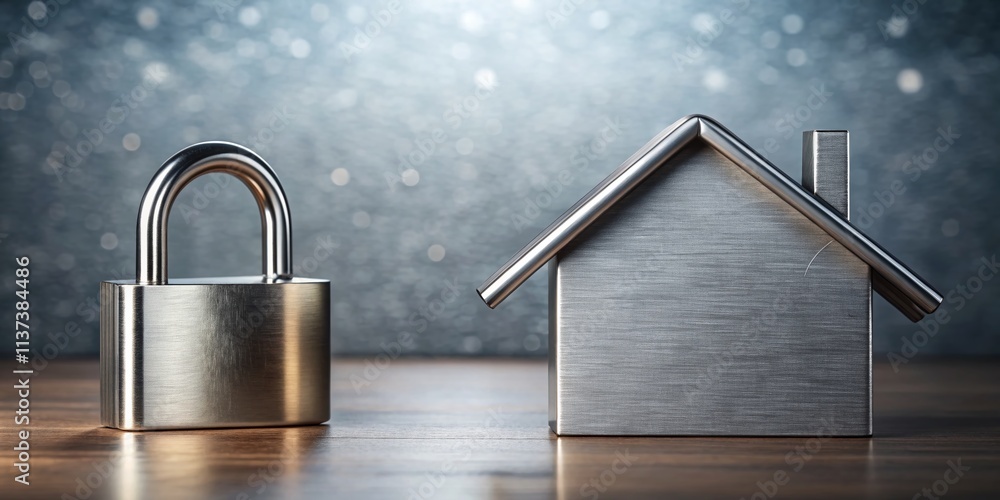 Poster abstract representation of a silver house lock on a modern background with ample copy space for bran