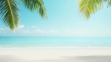 A serene beach scene with clear water and palm trees under a bright blue sky.