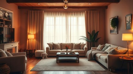 Cozy living room illuminated with warm white lighting, creating a comfortable and inviting atmosphere, living room, cozy