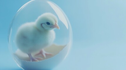 Healthy Poultry Chick Inside Transparent Egg on Vibrant Blue Background, Symbolizing New Life and Potential
