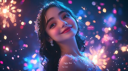 Happy New Year 2025 in bold, glowing neon blue letters, dark sky backdrop with radiant fireworks bursting in rich colors, sparkling confetti and starry accents. --ar 16:9