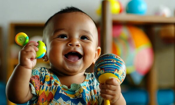 A joyful baby holding a colorful maraca, smiling in a vibrant playroom.