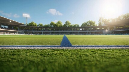 Professional cricket pitch with blue wickets, cracked clay batting surface, lush green outfield, massive stadium architecture, soft focus background, sunlit arena, realistic sports venue, volumetric