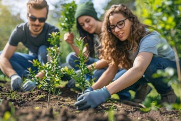 Three people planting small trees in a garden setting.