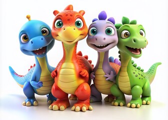 Fototapeta premium Adorable Cartoon Dinosaur Illustrations: Cute Dino Set, Kids Art, White Background, Childrens Book, Baby Shower, Party Supplies