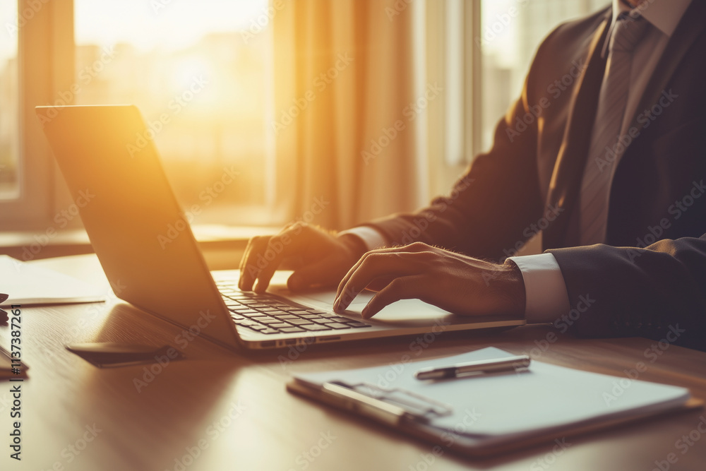 Poster man is typing on a laptop in front of a window. the sun is shining through the window, casting a war