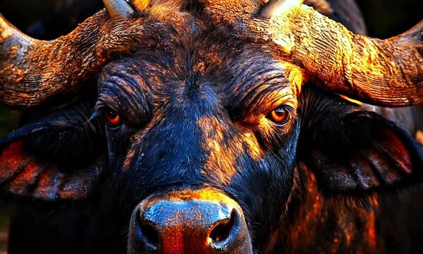 Majestic close-up of a fierce buffalo in a golden sunset, highlighting intense buffalo's eyes, powerful horns, and natural textures, perfect for wildlife footage of buffalo, nature themes 