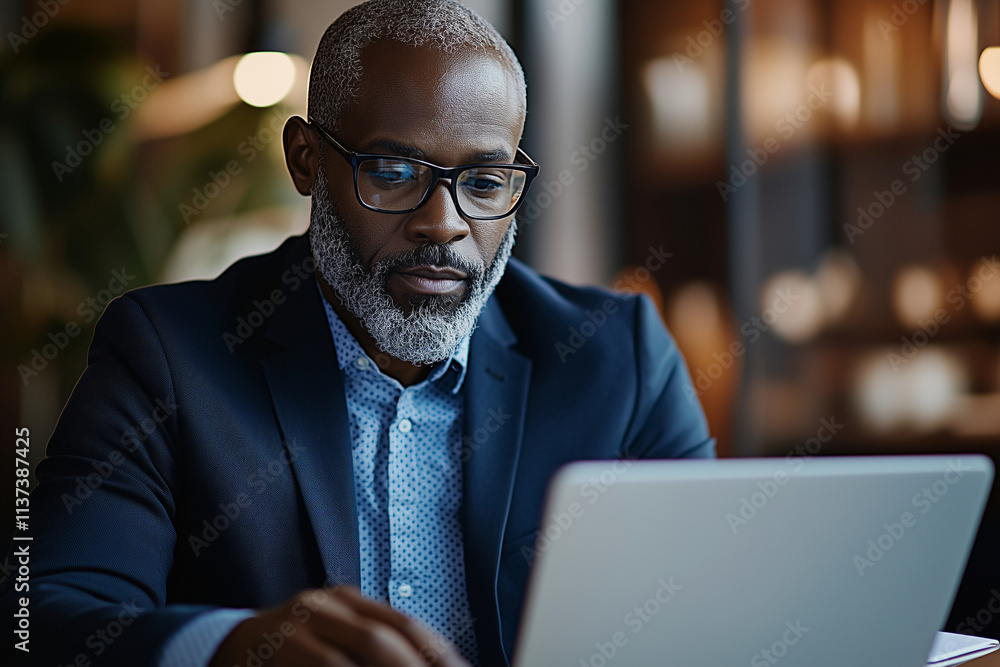 Poster man in a suit is using a laptop computer. he is wearing glasses and he is focused on the screen. con