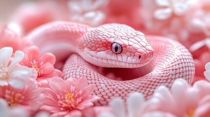 Fototapeta premium Pink snake coiled amidst delicate pink and white blossoms. (1)
