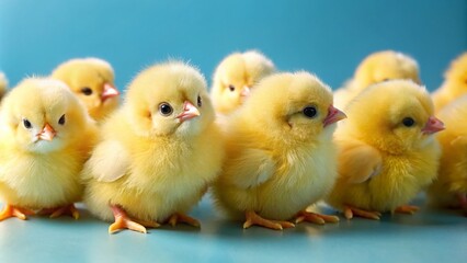 Fototapeta premium Adorable Fluffy Yellow Baby Chicks on Blue Background - Cute Chicken Pictures