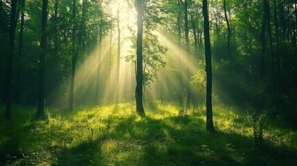 Obraz premium Sunlight streams through trees in a serene forest setting.