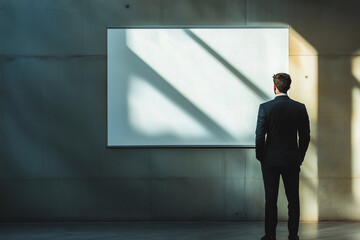Fototapeta premium man stands in front of a blank white board, looking at it intently.