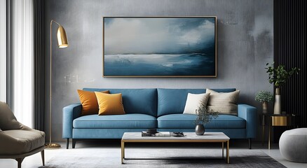 Modern Living Room Interior Design with Blue Sofa and Artwork