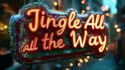 Jingle All the Way in cheerful curved font with gold sparkle highlights, bold red and green striped background, snowy edges and glowing light for a festive look. --ar 16:9