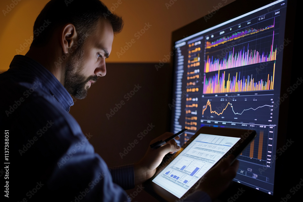 Poster man is looking at a computer screen with a tablet in his hand. he is focused on the screen and he is