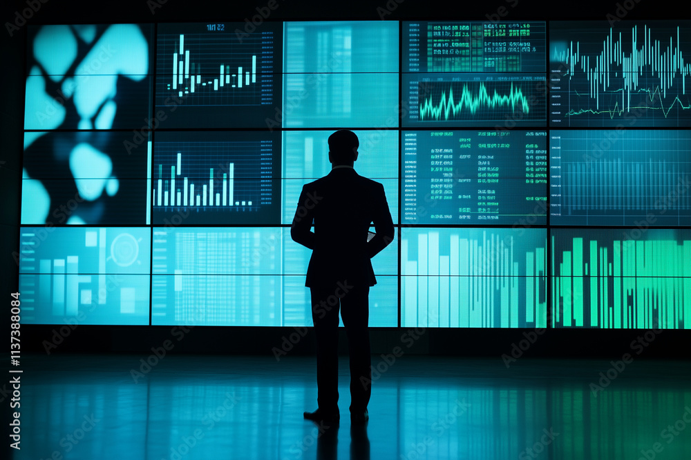 Aufkleber man stands in front of a large monitor displaying various graphs and numbers. the man is focused and
