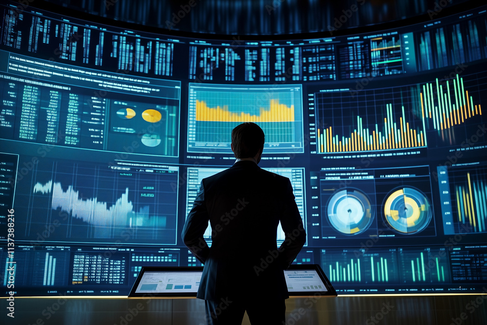 Aufkleber man stands in front of a large monitor displaying various graphs and charts. he is focused and atten