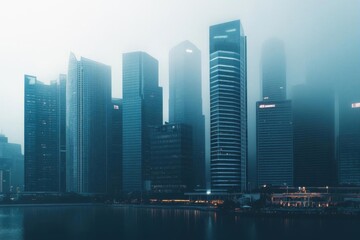 Naklejka premium A foggy city skyline with modern skyscrapers reflecting on water.