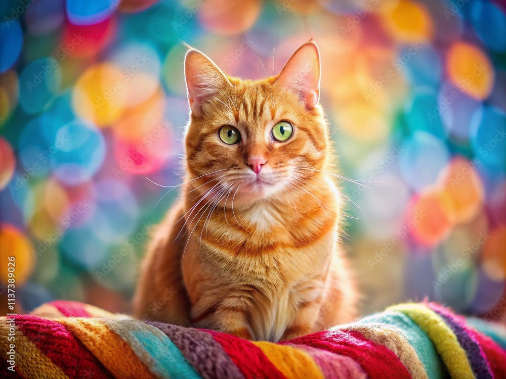 Poster adorable red cat with a cheerful smile sitting on a colorful blanket with ample copy space for text 