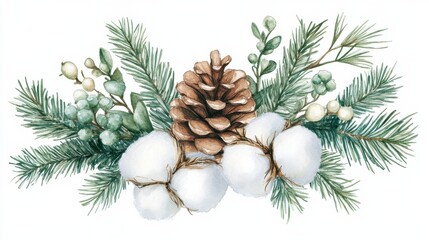 Watercolor christmas frame with fir branches, pine cone, cotton, leaves isolated on white background. Botanical winter greenery holiday illustration for wedding invitation card design