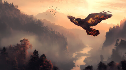 A hawk adorned with radiant runic tattoos in crimson and bronze, flying over a mist-covered valley at dawn, its reflection shimmering in the river below. Runic. Illustration