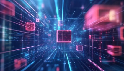 Abstract digital landscape with glowing cubes and lines representing data flow.