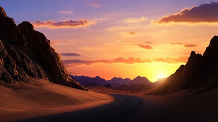 Fototapeta premium Sunset over desert road scenic landscape majestic mountains tranquil environment wide angle view nature's beauty