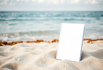 White blank book cover mockup placed on the beach, copy space